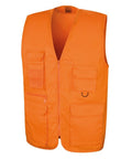 The RE45A by Result Workguard is an orange utility vest featuring a zippered front and multiple pockets, with a D-ring on one of the pockets. The mesh lining is visible at the collar.