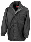 The Result RE67A is a black waterproof jacket that includes a high collar, front zipper, button closures, and multiple pockets.