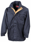 The RE67A jacket by Result is a navy blue hooded design with a beige interior lining, zippered front, and features snap-button closures along with pockets.