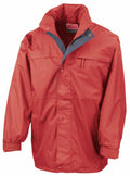 The Result RE67A is a red hooded jacket with both zip and button closures, featuring elastic cuffs and a chest pocket.