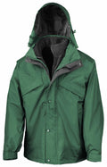 Result presents the RE68A, a green hooded rain jacket with a front zipper and snap buttons, featuring two chest pockets and elastic cuffs.