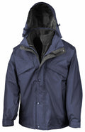 The Result RE68A is a dark blue rain jacket featuring a detachable hood and front zipper, showcased on a plain background.