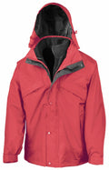 Introducing the RE68A by Result: a red hooded jacket equipped with a front zipper and supplementary buttons. This jacket includes a detachable black inner lining and features adjustable wrist cuffs. Its durable, weather-resistant design makes it ideal for outdoor activities.