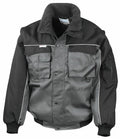 The RE71A by Result Workguard is a work jacket in gray and black that features a zip-up front, multiple pockets, and ribbed cuffs.