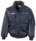 Result Workguard presents the RE71A, a navy blue winter jacket with front pockets, a zipper, and snap button closure. It features white piping details and a black fleece collar.