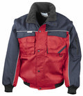 Introducing the Result Workguard RE71A: a stylish two-tone work jacket featuring a vibrant red body complemented by dark blue sleeves and shoulders. Designed for functionality, it includes multiple pockets, a zippered sleeve pocket, snap buttons, and a practical stand-up collar. The jacket is finished with sleek black cuffs and accented with a contrasting white stripe detail for an enhanced look.
