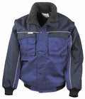 The Result Workguard RE71A is an insulated work jacket in blue and black, featuring multiple pockets and a high collar.