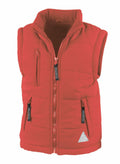 The Result RE88J is a red sleeveless puffer vest featuring multiple zippered pockets and a standing collar.