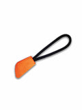 A Result RE93X zipper pull tab in orange and black with a looped design, displayed against a plain white background.