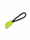A Result RE93X zipper pull in lime green, featuring a black loop, displayed on a white background.