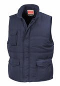RE94A by Result is a navy blue padded vest featuring a stand-up collar, multiple pockets, and a front zipper closure.