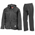 Result's RE95A is a dark gray rain jacket and pants set, complete with a hood and full zipper on the jacket.