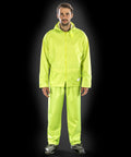 A person wearing a bright yellow Result RE95A raincoat and matching rain pants stands against a black background.