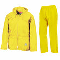 A bright yellow Result RE95A rain jacket with a hood and matching pants are displayed against a white background. The jacket features a zipper closure and drawstrings, and both items appear lightweight and waterproof.