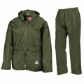 Result introduces the RE95A, a green waterproof jacket and pants set featuring a front zipper and hood.