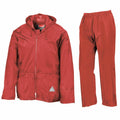 Introducing the RE95A from Result: a red rain suit that includes a zip-up jacket with a hood and matching pants. The jacket is adorned with a small triangular logo near the hem. Both pieces boast a smooth, lightweight design perfect for wet weather.