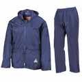 The product, RE95A by Result, is a navy blue rain suit including a hooded jacket with a front zipper and matching pants. The jacket displays a subtle triangle logo on the lower front. The set is showcased against a plain white background.