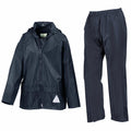 A Result RE95J black rain jacket with a hood, accompanied by matching pants, is displayed against a white background.