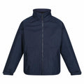 The Regatta Professional RG042 is a navy blue jacket featuring a zip-up design with a high collar and two front pockets.