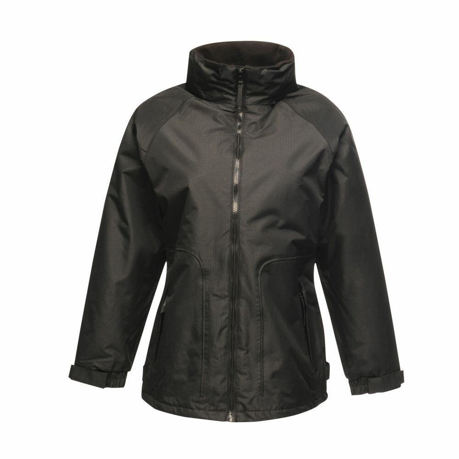 Introducing the RG043 by Regatta Professional, a sleek black jacket featuring a high collar, full-zip closure, adjustable cuffs, and zippered pockets.
