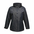 Regatta Professional's RG043 jacket is a black waterproof design featuring a high collar and front zipper. It includes long sleeves with adjustable cuffs and boasts a subtle texture.