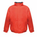 Introducing the RG045 from Regatta Professional: a vivid red jacket featuring a high collar and elastic cuffs. It includes two side pockets and boasts a sleek front design.