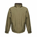 Introducing the RG045 by Regatta Professional: a green jacket with a high collar that boasts long sleeves and zippered front pockets. This versatile jacket includes features like an adjustable waistband and cuffs, and is crafted from lightweight, water-resistant fabric.