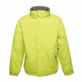 Introducing the Regatta Professional RG045: a vibrant yellow-green jacket featuring a high collar, front zipper closure, and long sleeves. It is designed with two zippered pockets, elastic cuffs, and optimized for warmth and visibility.