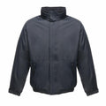 Introducing the RG045, a sleek black winter jacket by Regatta Professional. This puffy coat features a high collar and elastic cuffs for added warmth. It has a zip-up front, two side pockets, and a slightly fitted waist. The material is smooth with a subtle sheen, offering both style and comfort for the colder months.