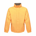 The RG045 by Regatta Professional is a vibrant orange jacket with a high collar and zip-up front. It includes elasticized cuffs and contrasting black side pockets, all set against a simple white background.