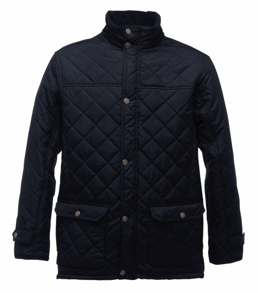 The RG066 by Regatta Professional is a black quilted jacket featuring a high collar, button-up front, two pockets, and a diamond stitching design.