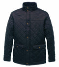 Regatta Professional's RG066 is a black quilted jacket featuring a high collar, button closure, and two front pockets.
