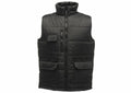 The RG074 by Regatta Hardwear is a black quilted puffer vest featuring a high collar, sleeveless design, front zipper, and multiple pockets.
