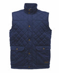 Regatta Professional's RG077 quilted vest features a navy blue design, button closures, flap pockets, and a stand collar.