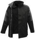The RG085 hooded jacket by Regatta Professional is presented on a plain background, featuring a black and gray exterior with the front zipper partially open to showcase its dark inner lining.