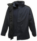 The Regatta Professional RG085 is a dark winter jacket with a hood, long sleeves, and a partially open front that reveals an inner layer.