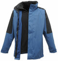 The RG085 from Regatta Professional is a blue and black jacket featuring a hood and front zipper, displayed with one side slightly open.