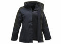 The RG086 hooded jacket by Regatta Professional, featuring a front zip and colored in black and dark green, is partially open and displayed on a white background.