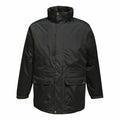 The RG108 by Regatta Professional is a black waterproof jacket featuring a high collar and two large front pockets.