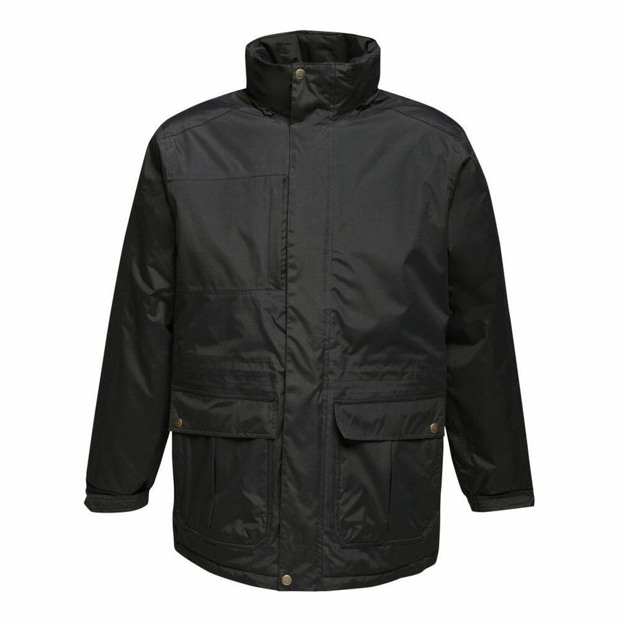 The RG108 by Regatta Professional is a black waterproof jacket featuring a high collar and two large front pockets.
