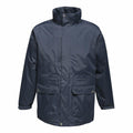 The Regatta Professional RG108 is a navy blue waterproof jacket featuring a high collar, snap-button closures, and two large front pockets.