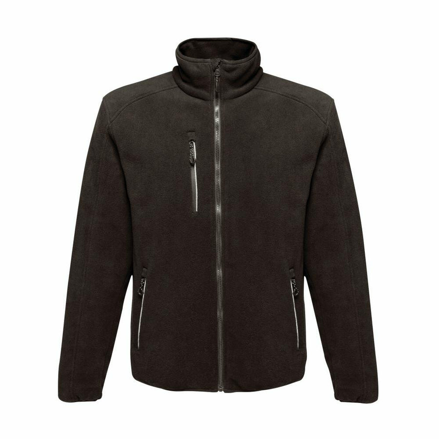 A Regatta Professional RG112 jacket in black, featuring a high collar and three zipped pockets, displayed against a white background.