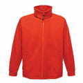 Introducing the RG122 by Regatta Professional, a vibrant orange fleece jacket featuring a high collar and a full-length zipper. This jacket includes two front pockets and long sleeves, combining style with practicality, making it perfect for cool weather. The background is plain white to accentuate its simple yet elegant design.
