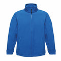 Introducing the Regatta Professional RG122: A vibrant blue fleece jacket featuring a high collar, full-length zipper, and two convenient front pockets. Crafted from soft materials, it's designed to provide warmth and comfort.