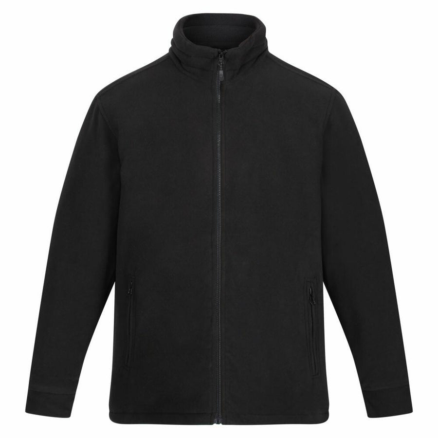 The Regatta Professional RG125 is a black zip-up fleece jacket featuring long sleeves and two front zippered pockets, displayed on a white background.