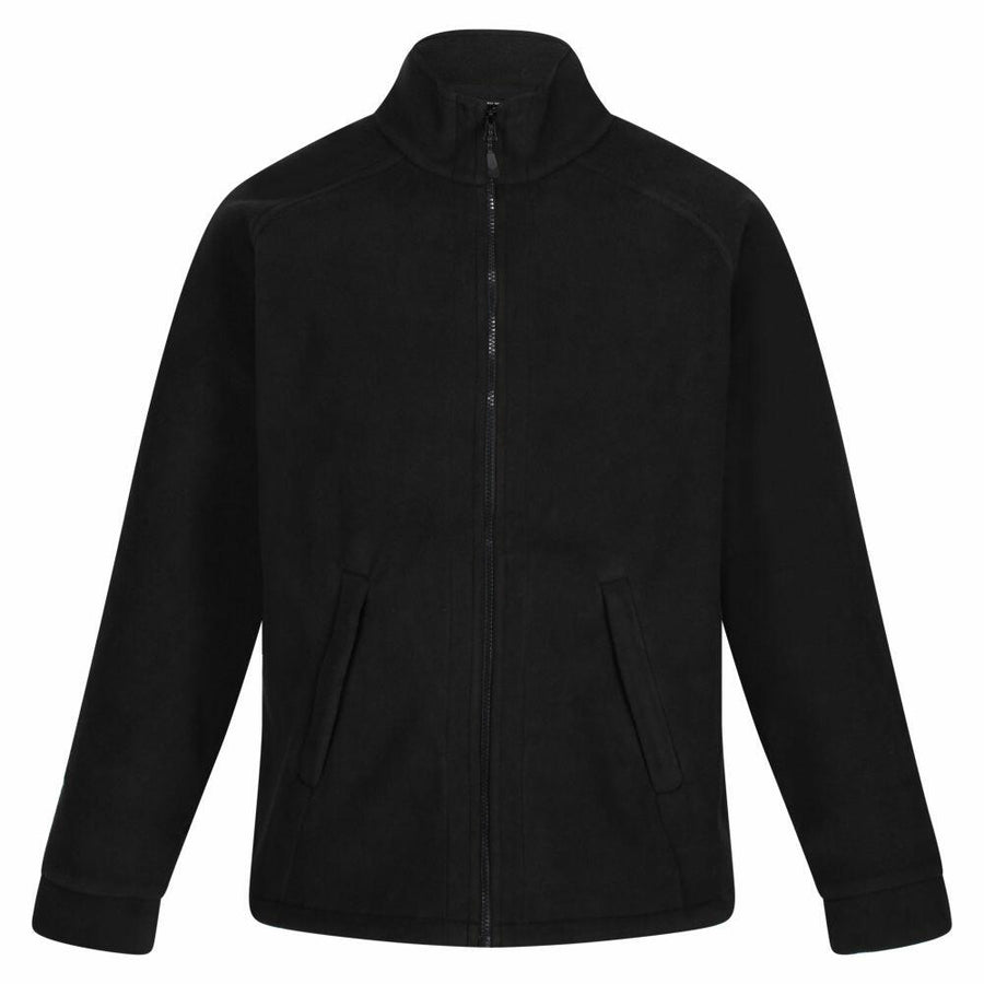 The RG128 by Regatta Professional is a black zip-up fleece jacket featuring long sleeves and a high collar.