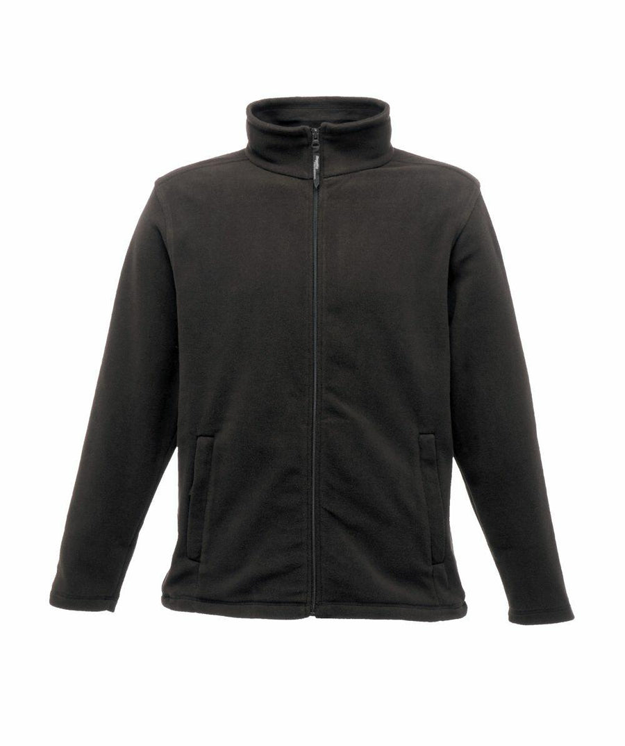 The RG138 by Regatta Professional is a black zip-up fleece jacket featuring a high collar and two front pockets.
