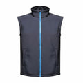 A black RG148 vest from Regatta Professional featuring a sleeveless design, blue zipper, and two front pockets.