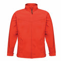 The RG150 by Regatta Professional is a vibrant orange jacket featuring a high collar, front zipper, and two zippered pockets.