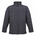 The RG150 by Regatta Professional is a sleek dark gray jacket featuring a high collar and full front zipper, complete with two side pockets and long sleeves for a minimalist design.